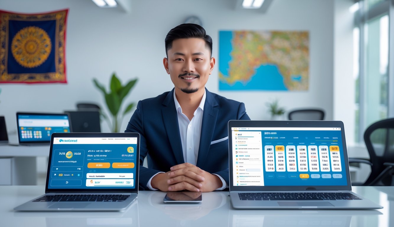 Seorang pria Asia Tenggara duduk di meja dengan laptop dan ponsel, menunjukkan layanan agen togel online yang terpercaya di kantor modern.