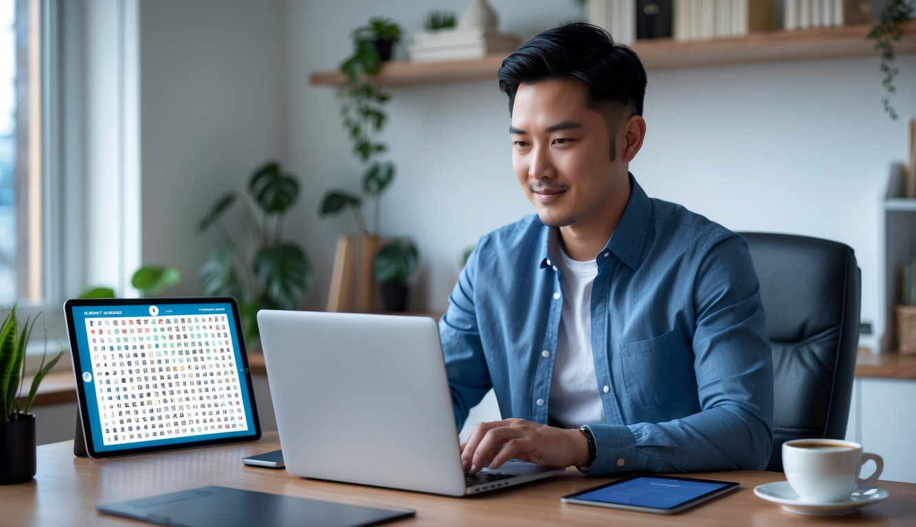 Seorang pria Asia Tenggara menggunakan laptop di ruang kerja rumah yang rapi dan terang, dengan tablet digital menampilkan angka di meja.