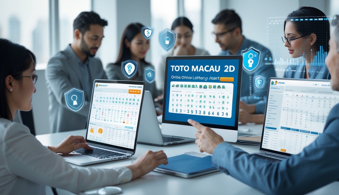 Beberapa orang menggunakan perangkat digital di ruang kerja yang terang, dengan elemen keamanan digital di latar belakang, menggambarkan lingkungan permainan Toto Macau 2D online yang aman dan terpercaya.