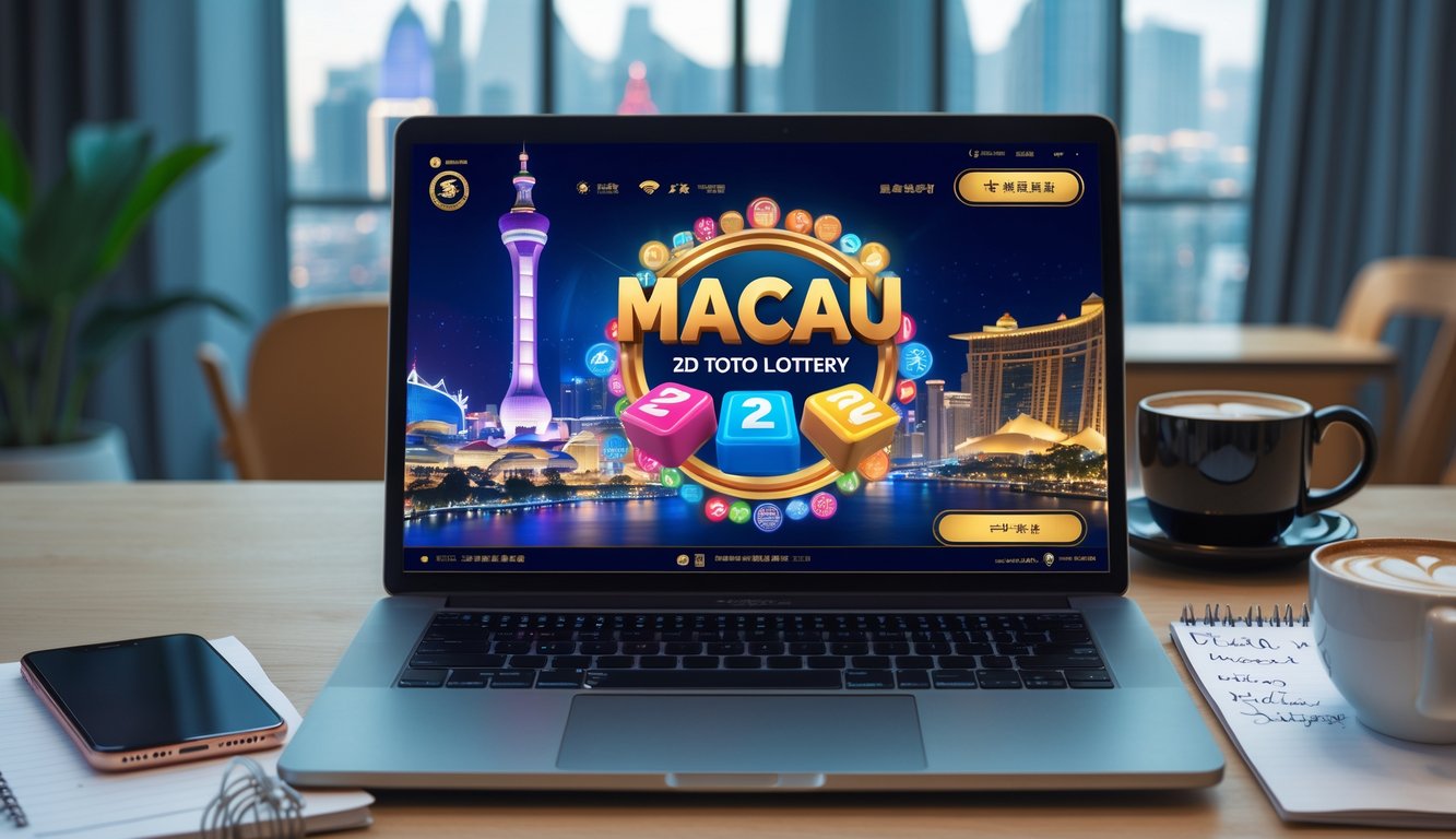 Seseorang menggunakan laptop dan smartphone di meja kerja dengan latar belakang pemandangan kota Macau.