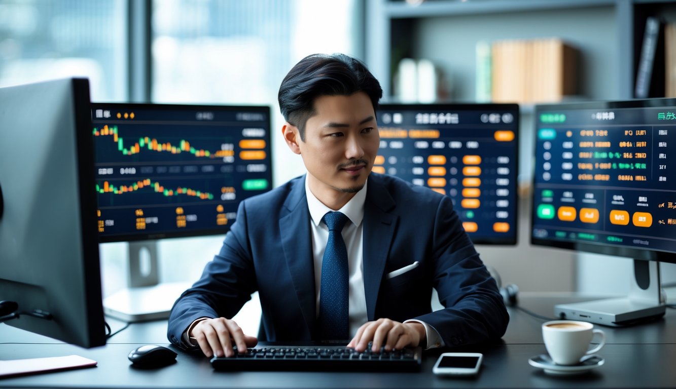 Seorang pria Asia duduk di meja kantor modern dengan beberapa layar komputer menampilkan grafik dan antarmuka taruhan online, terlihat fokus dan profesional.