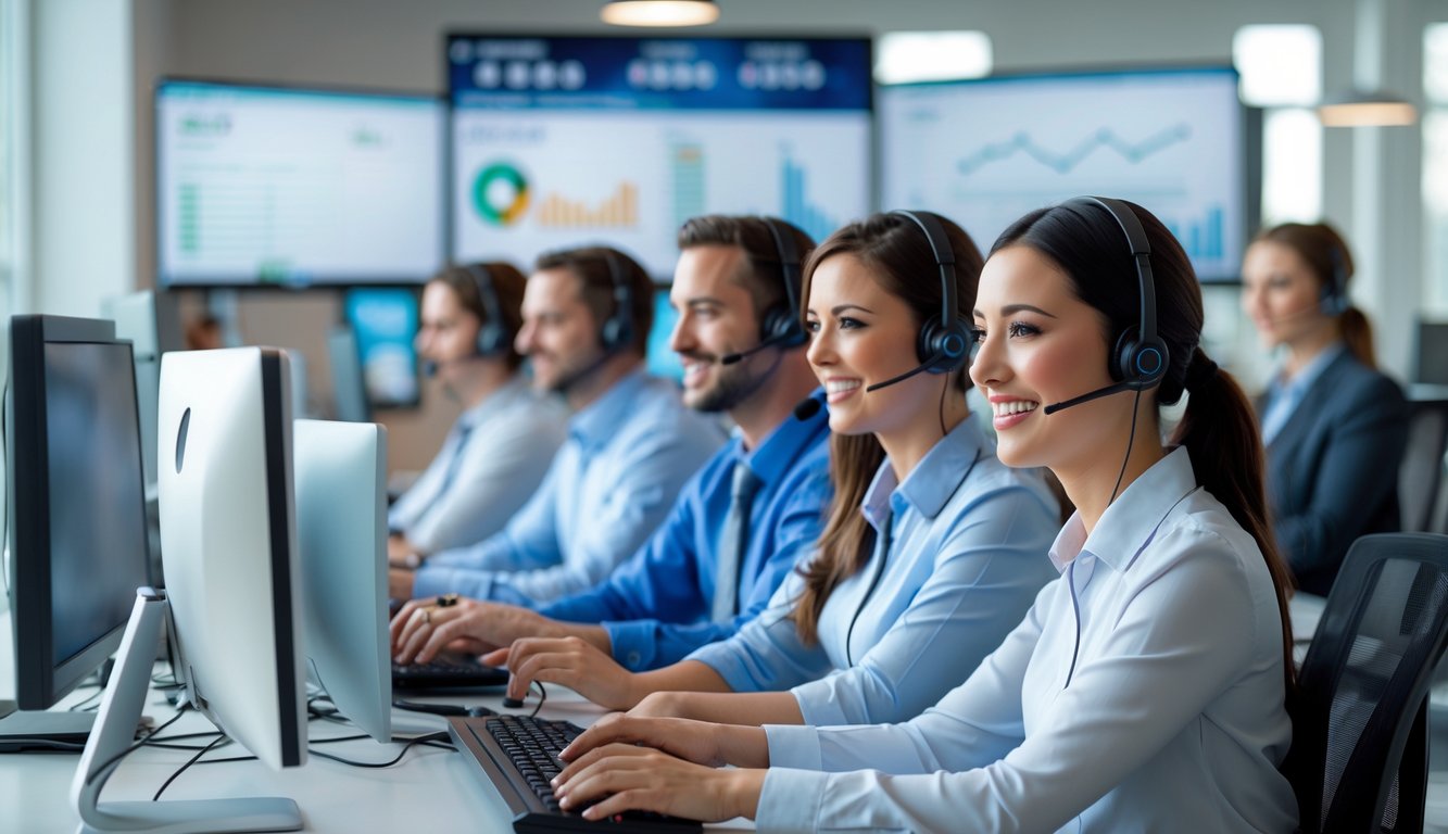 Tim agen customer support yang ramah sedang bekerja di kantor modern dengan komputer dan headset.