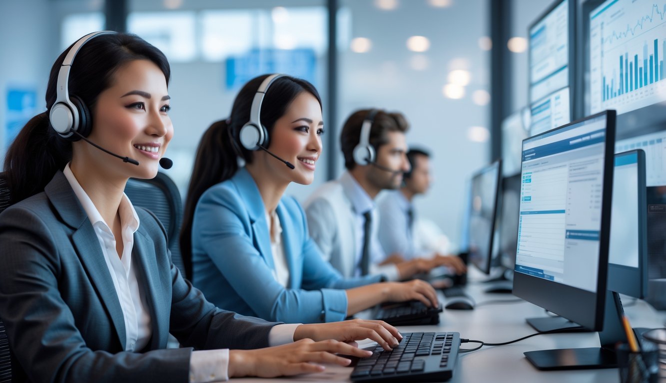 Tim agen customer support yang ramah sedang bekerja di kantor modern dengan komputer dan headset.