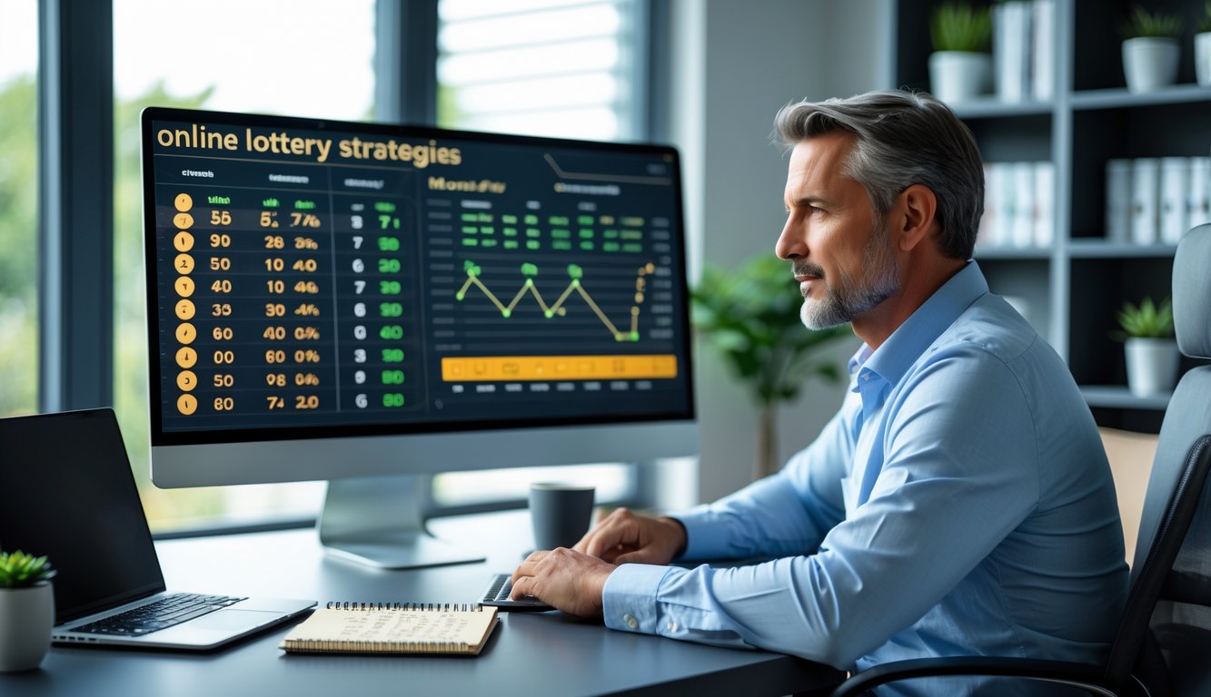 Seorang pria dewasa duduk di meja kerja modern, fokus melihat layar komputer dengan grafik dan angka, di ruangan kantor rumah yang rapi dan terang.