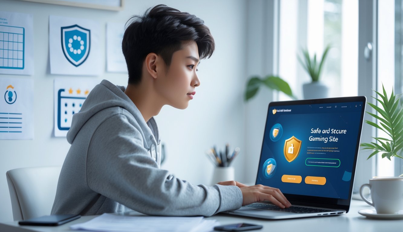 Seorang dewasa muda duduk di meja kerja menggunakan laptop di ruang kerja rumah yang terang dan rapi dengan simbol keamanan digital di layar.