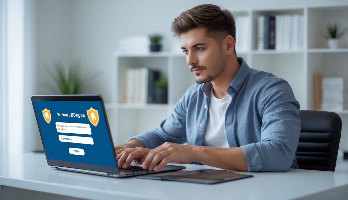 Seorang pria muda duduk di meja dengan laptop di ruang kerja rumah yang rapi, terlihat fokus dan hati-hati saat menggunakan situs taruhan online dengan simbol keamanan di layar.