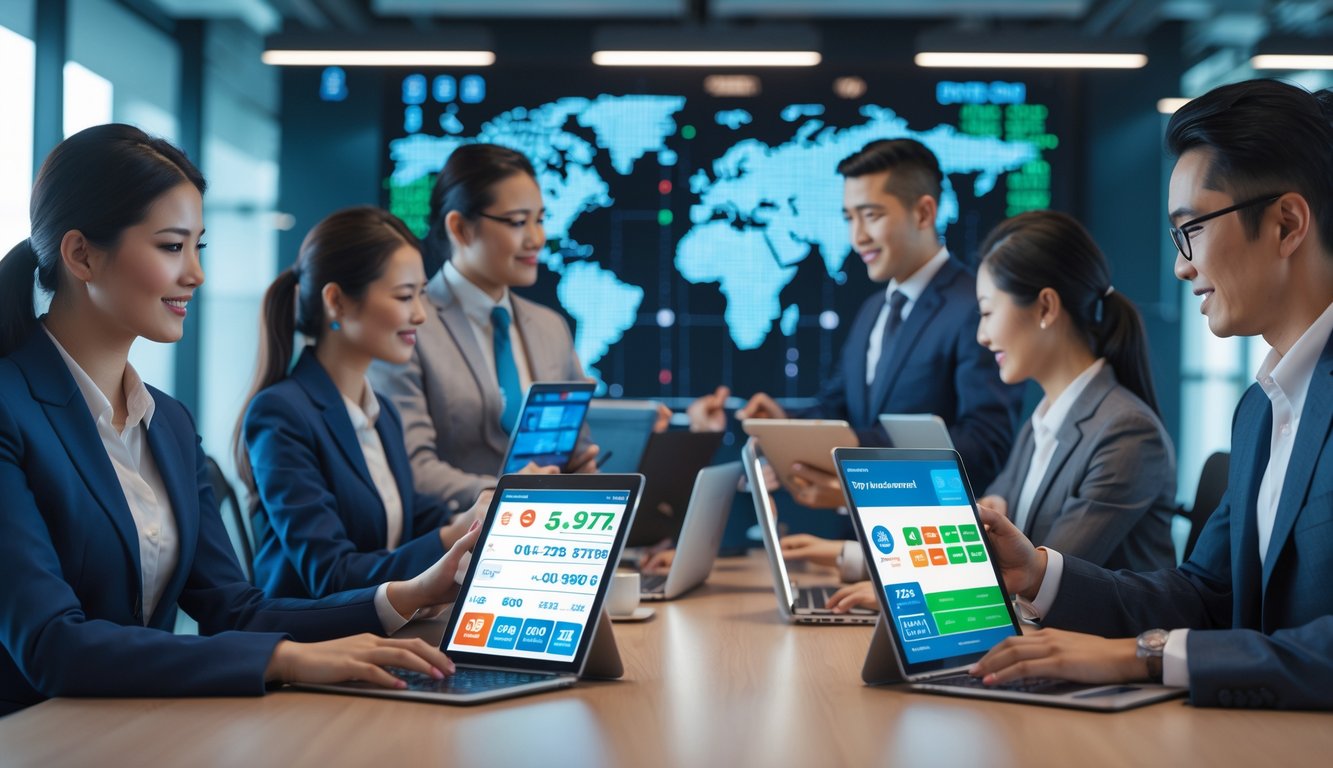 Sekelompok profesional menggunakan perangkat digital di kantor modern yang mewakili layanan Toto Macau 2D online terpercaya dengan pembayaran cepat.