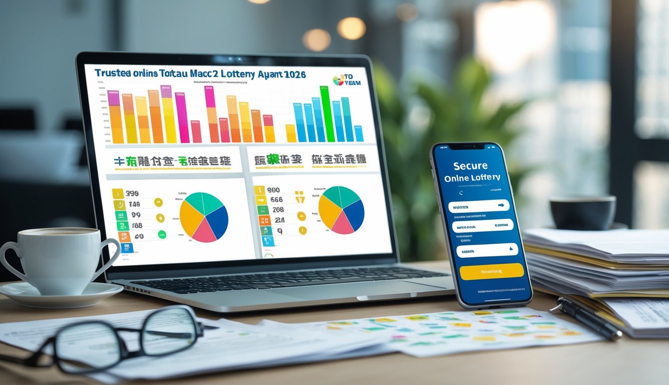 Seorang profesional sedang menganalisis data togel Macau dua digit online menggunakan laptop dan ponsel di meja kerja.