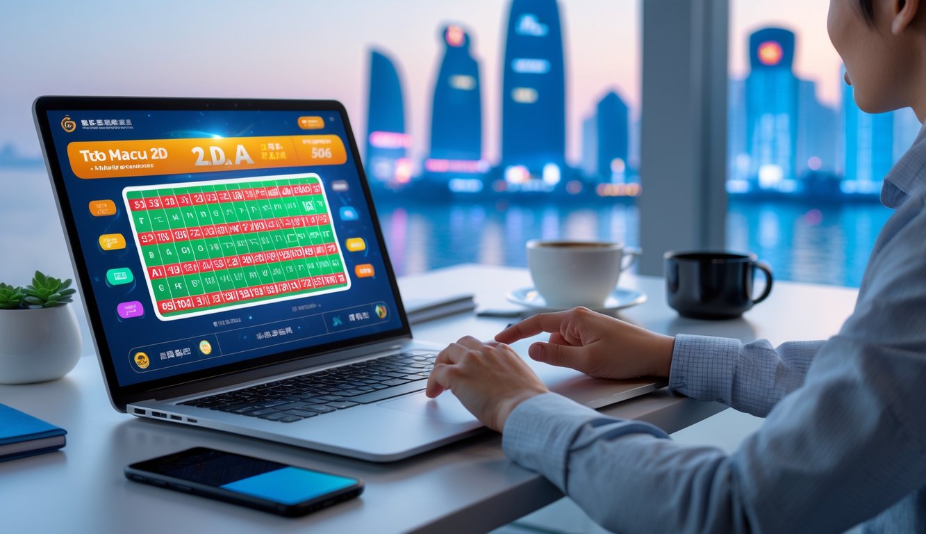 Seorang profesional menggunakan laptop dengan tampilan permainan lotere 2D di meja kerja yang rapi dengan latar belakang siluet kota Macau.