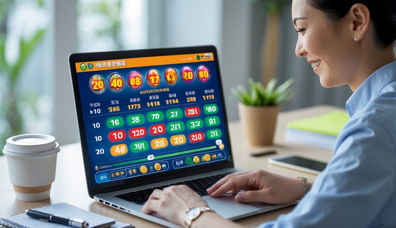 Seorang dewasa sedang bermain Toto Macau 2D di laptop di ruang kerja rumah yang rapi dan terang.