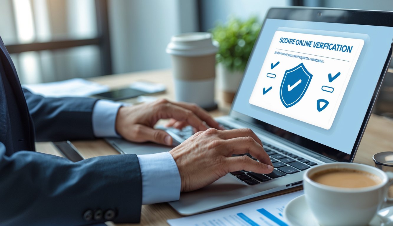 Seseorang sedang memverifikasi informasi secara online menggunakan laptop di kantor modern.