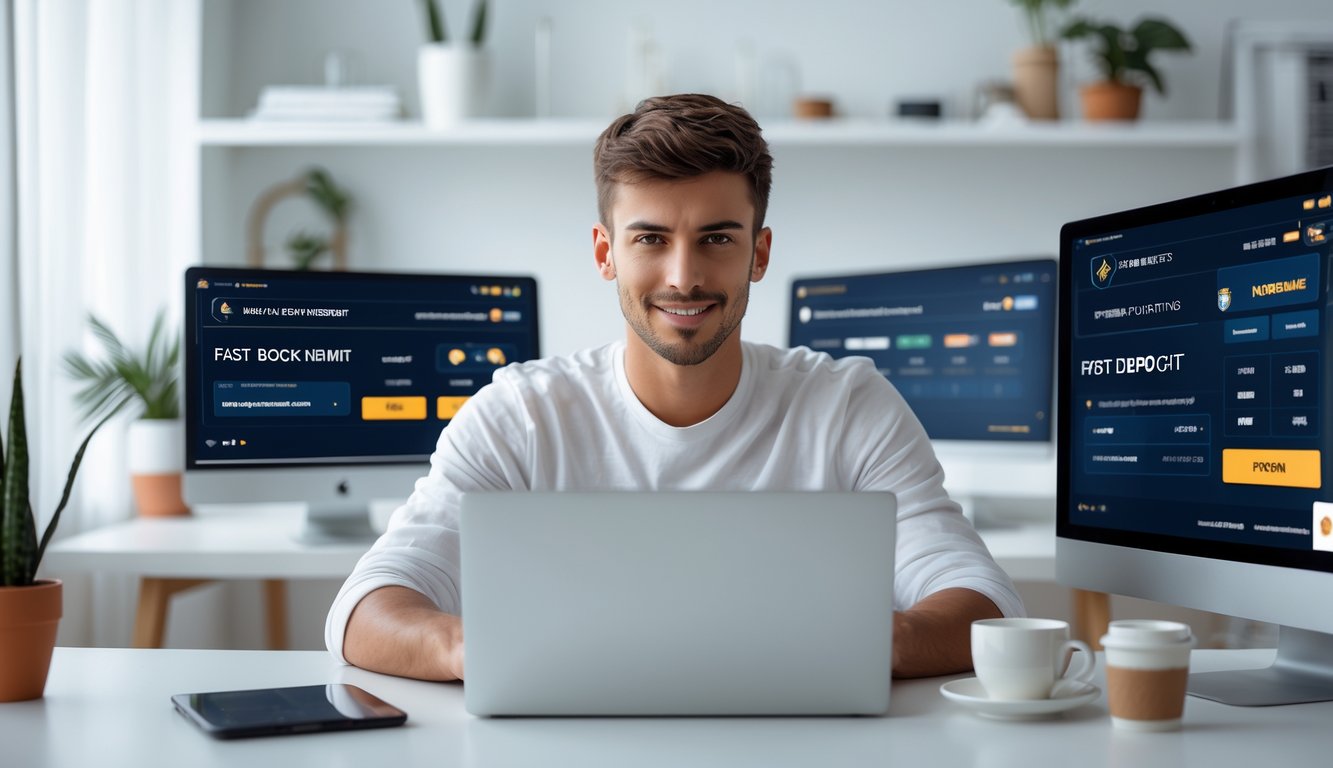 Seorang pria muda sedang menggunakan laptop di ruang kerja rumah yang terang dengan beberapa layar digital menampilkan antarmuka taruhan dan konfirmasi deposit cepat.