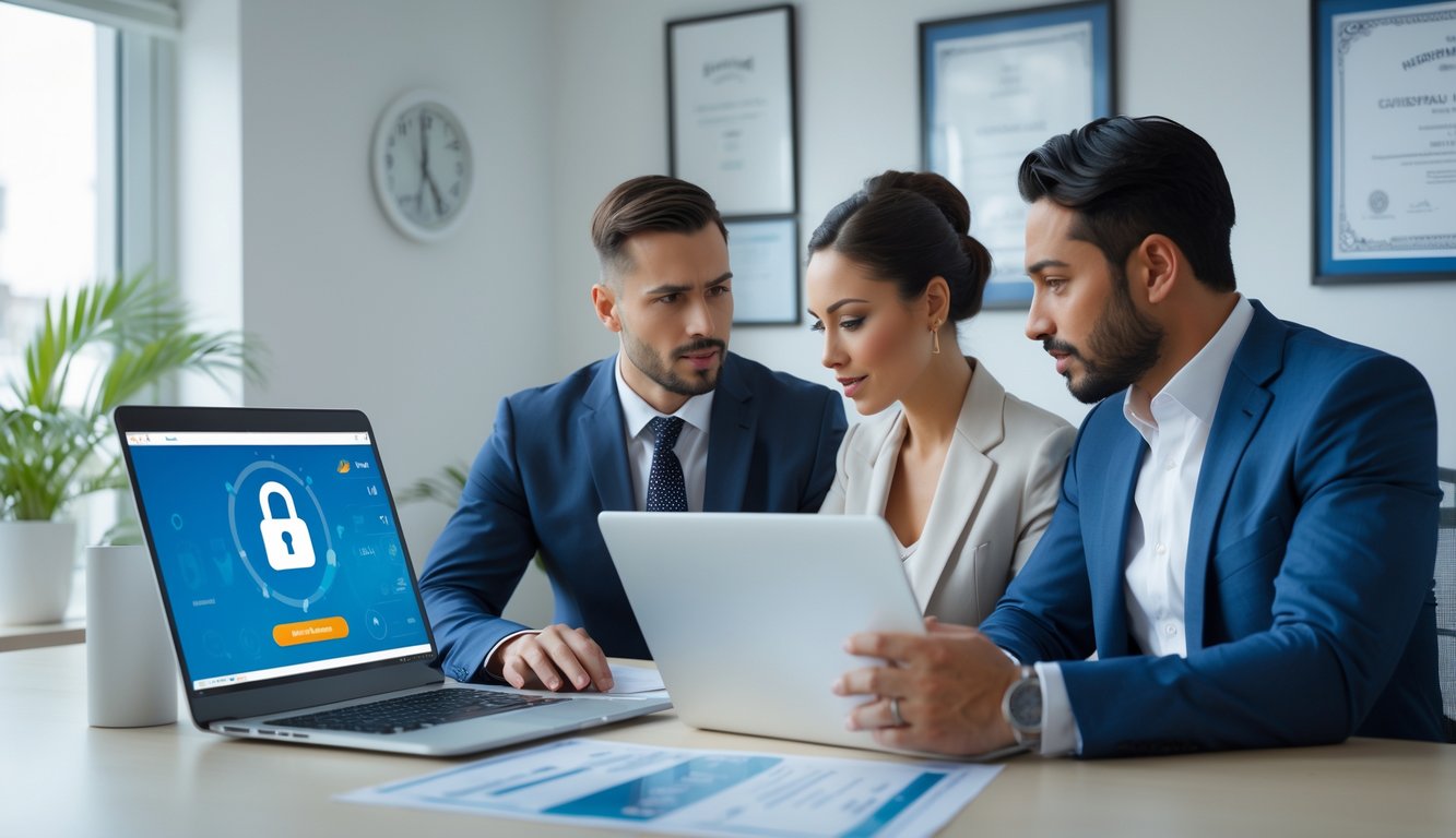 Dua orang profesional sedang berdiskusi serius di kantor modern dengan laptop dan dokumen, menunjukkan suasana kerja yang terpercaya dan aman.