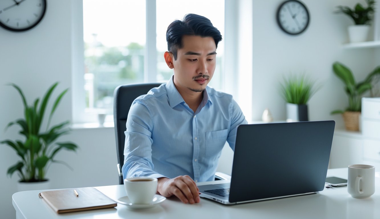 Seorang pria duduk di meja dengan laptop terbuka, terlihat sedang memilih agen sabung ayam SV388 secara online di ruang kerja yang terang dan rapi.