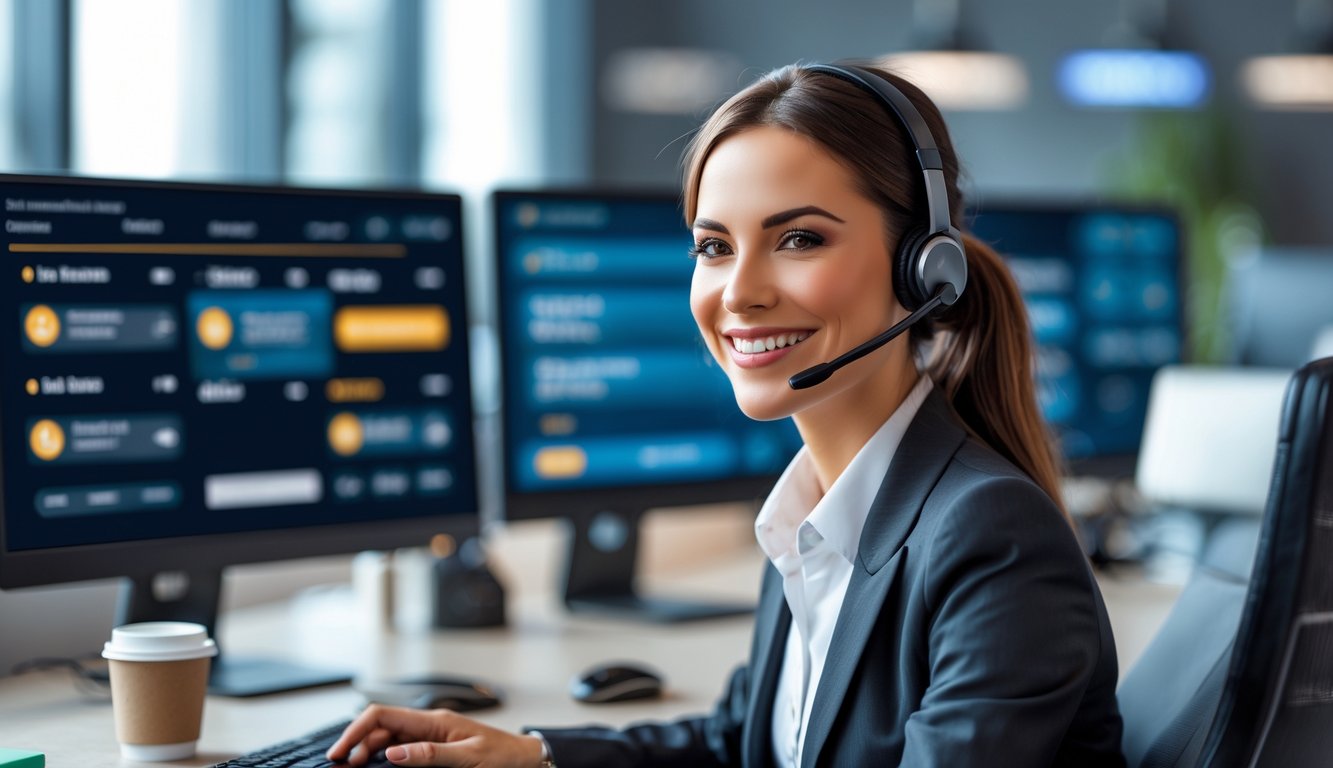 Seorang petugas layanan pelanggan yang ramah mengenakan headset di kantor modern dengan beberapa layar komputer yang menampilkan platform online.