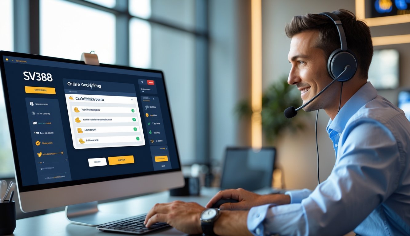 Seorang perwakilan layanan pelanggan sedang menggunakan headset dan berinteraksi dengan komputer di kantor modern yang menunjukkan layanan live chat 24 jam.