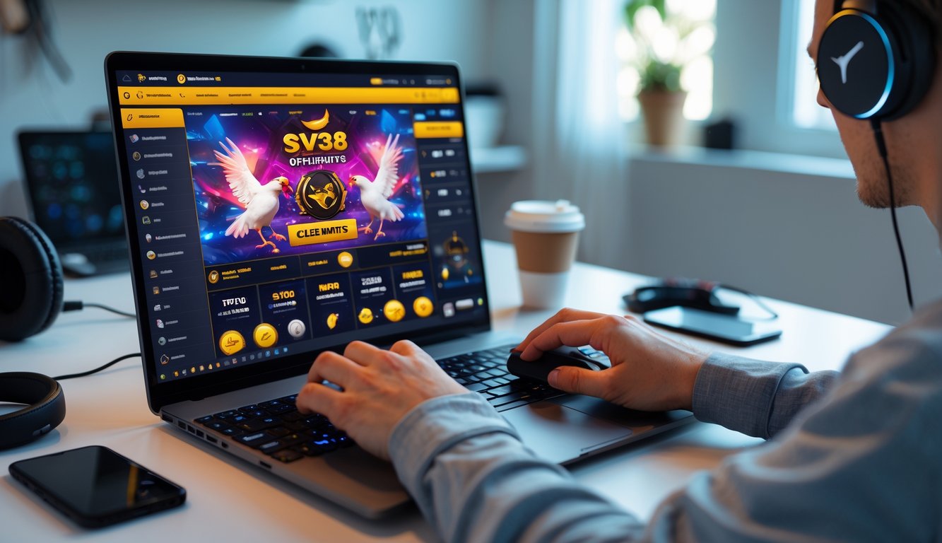 Seseorang menggunakan komputer dengan layar menampilkan permainan sabung ayam online di ruangan yang rapi dan terang.