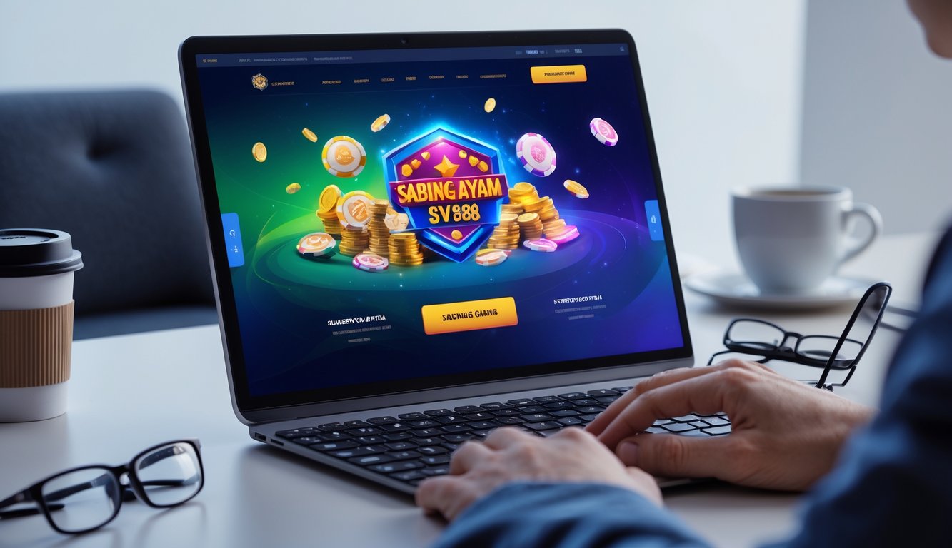 Seorang pengguna duduk di depan laptop dengan tampilan permainan Sabung Ayam SV388 online di layar, di meja terdapat cangkir kopi dan ponsel.