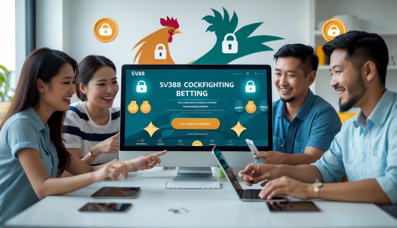 Orang-orang menggunakan perangkat digital untuk memasang taruhan sabung ayam secara online dalam suasana yang cerah dan modern.