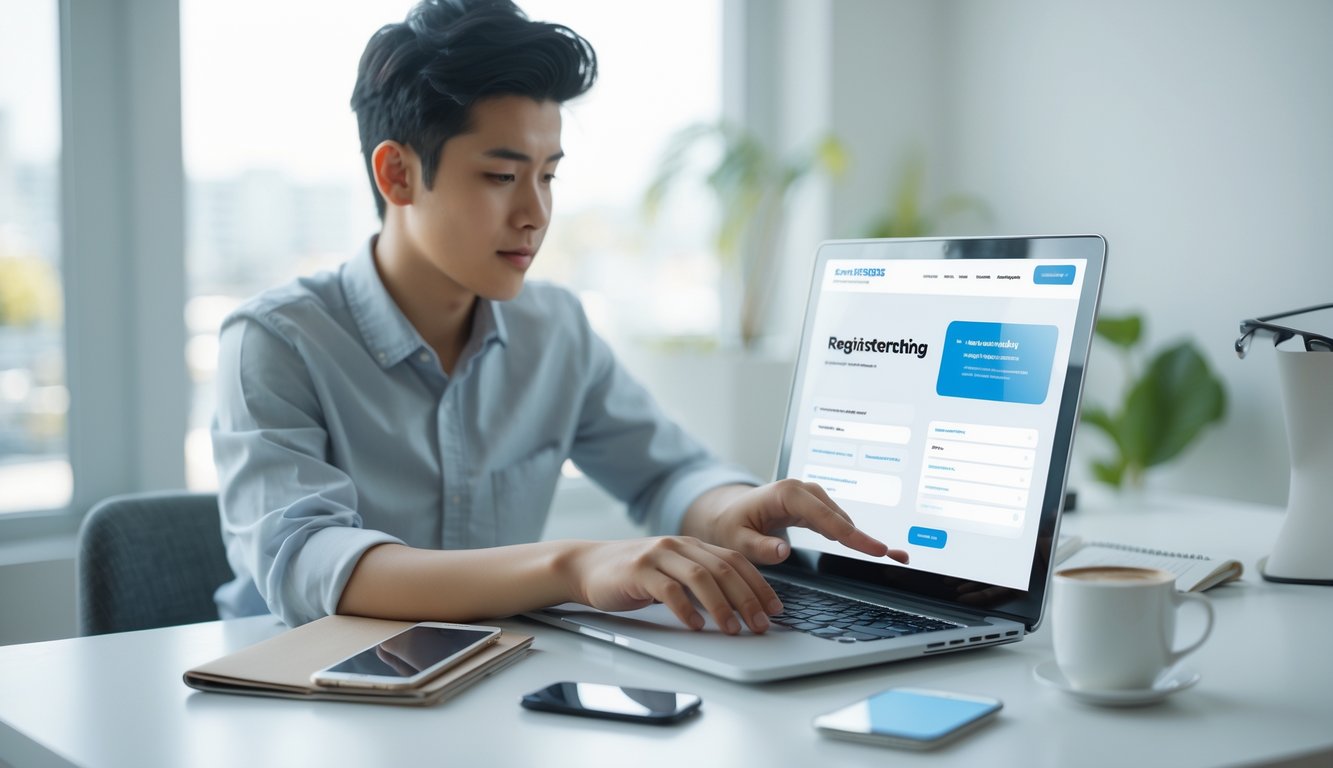 Seseorang sedang mendaftar online menggunakan laptop di meja kerja yang rapi dan terang.