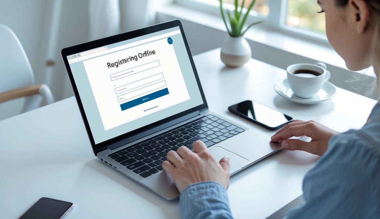 Seseorang sedang mendaftar online menggunakan laptop di meja kerja dengan suasana ruangan yang terang dan rapi.