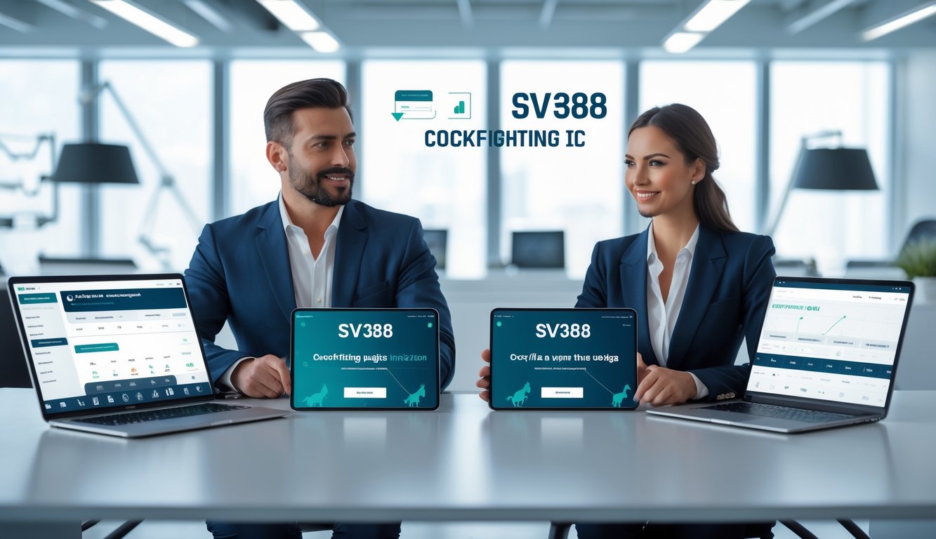 Seorang pria dan wanita duduk di meja dengan perangkat digital yang menampilkan antarmuka taruhan sabung ayam online dalam suasana kantor modern.