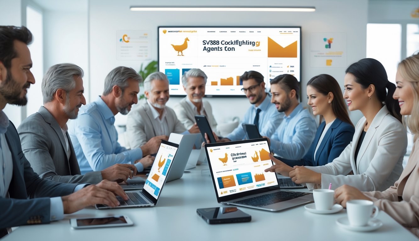 Beberapa orang dewasa menggunakan perangkat digital di ruang kantor modern yang terang, fokus pada aktivitas taruhan online sabung ayam.