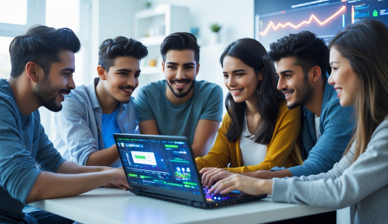 Sekelompok orang muda sedang bermain game online bersama di depan laptop di ruangan terang.