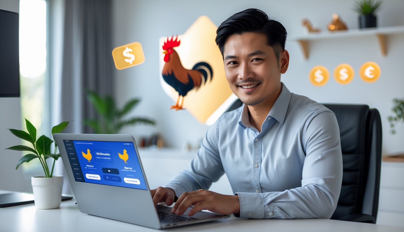 Seorang pria Asia Tenggara duduk di meja dengan laptop terbuka, menunjukkan suasana kantor rumah yang rapi dan modern.