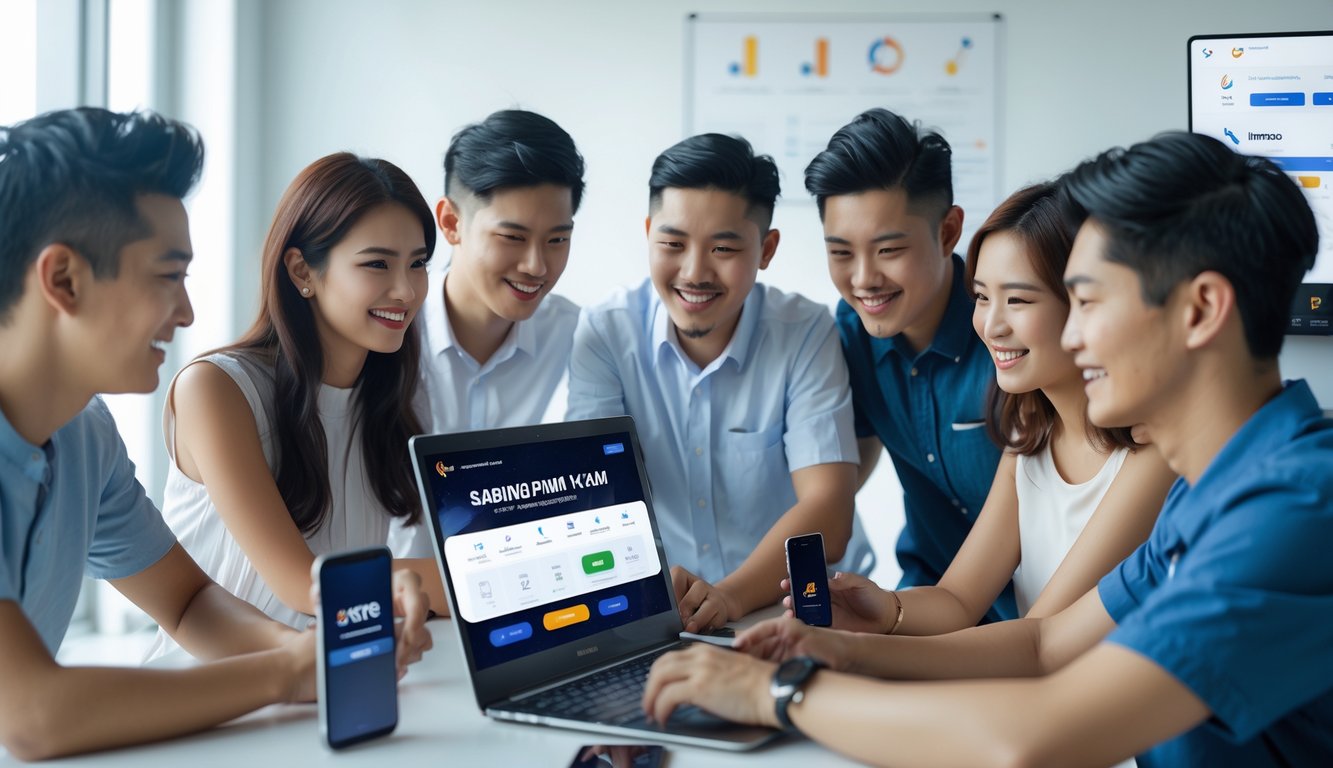 Sekelompok orang muda sedang menggunakan laptop dan ponsel untuk taruhan sabung ayam online dalam suasana yang profesional dan terpercaya.