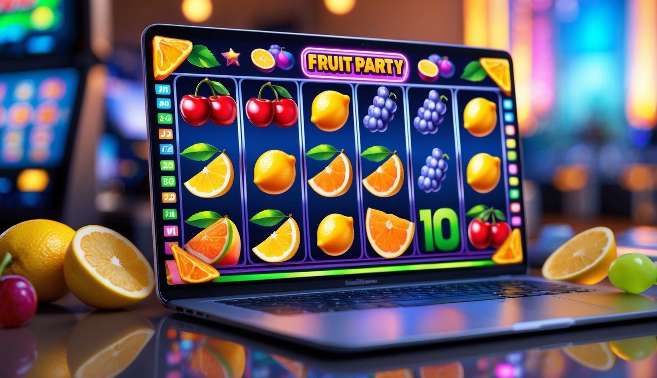 Layar permainan slot online dengan simbol buah warna-warni di perangkat digital, menampilkan suasana ceria dan menarik.