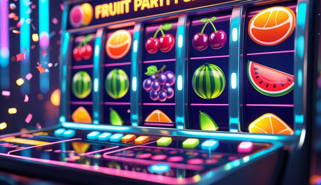 Tampilan mesin slot online dengan simbol buah berwarna-warni dan suasana meriah penuh cahaya dan konfeti.