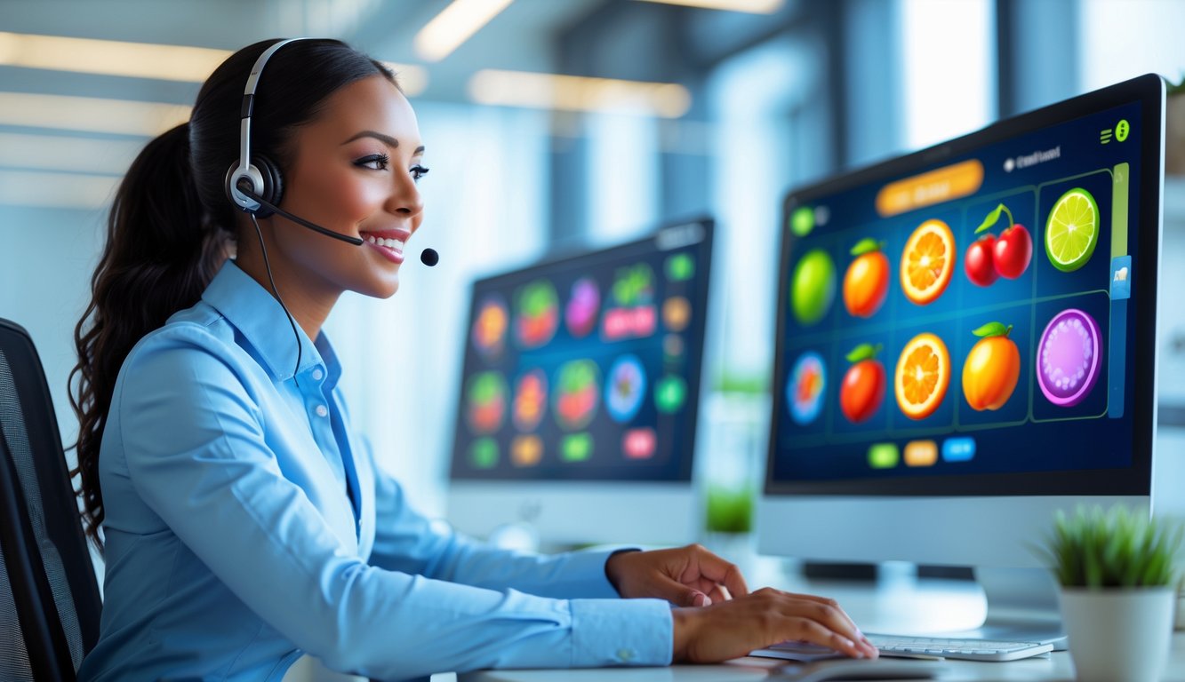 Seorang agen layanan pelanggan profesional membantu klien dengan permainan slot buah secara online di kantor modern.