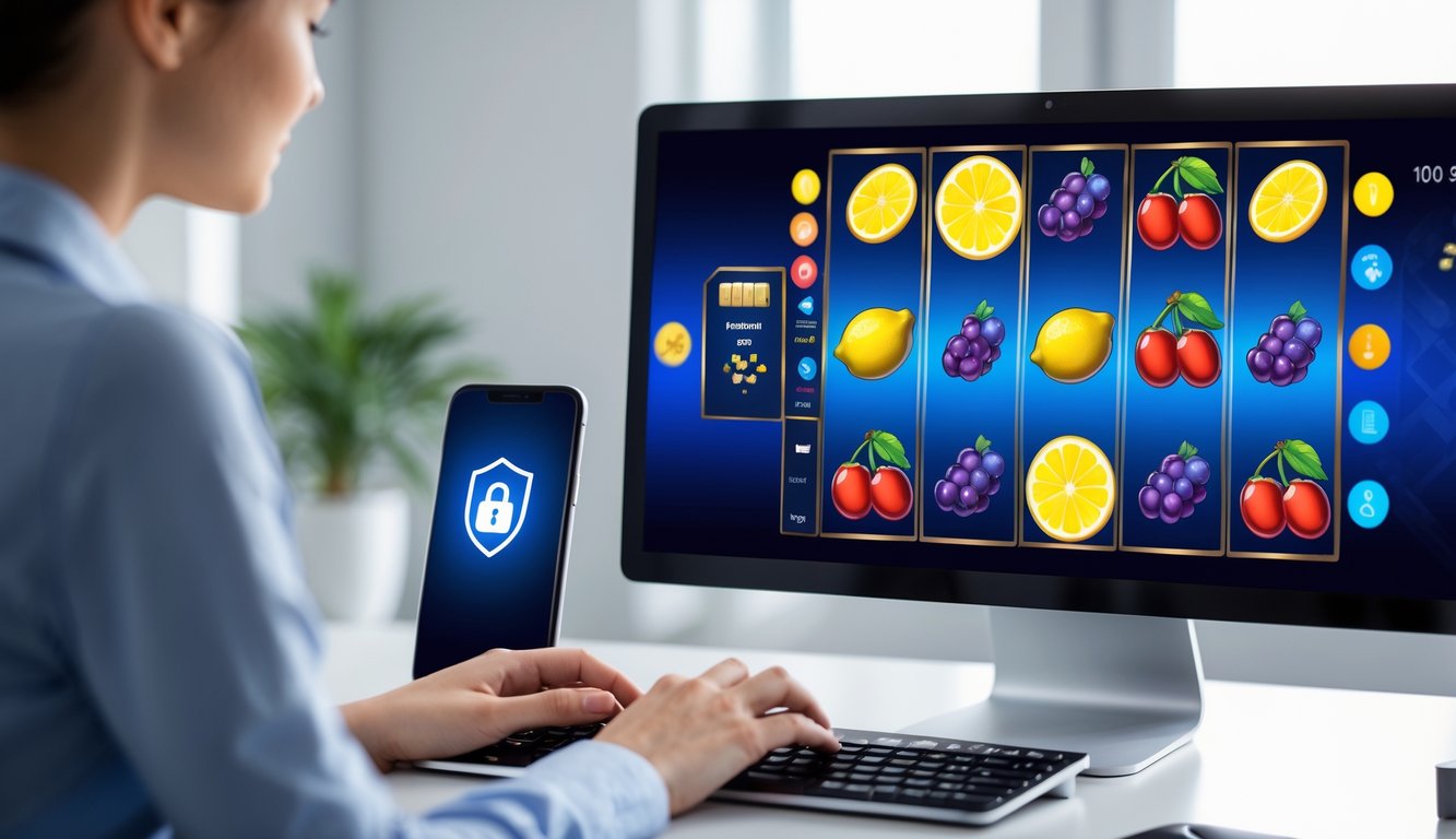 Seseorang menggunakan komputer di meja kerja dengan tampilan permainan slot buah di layar dan simbol keamanan digital di sekitar.
