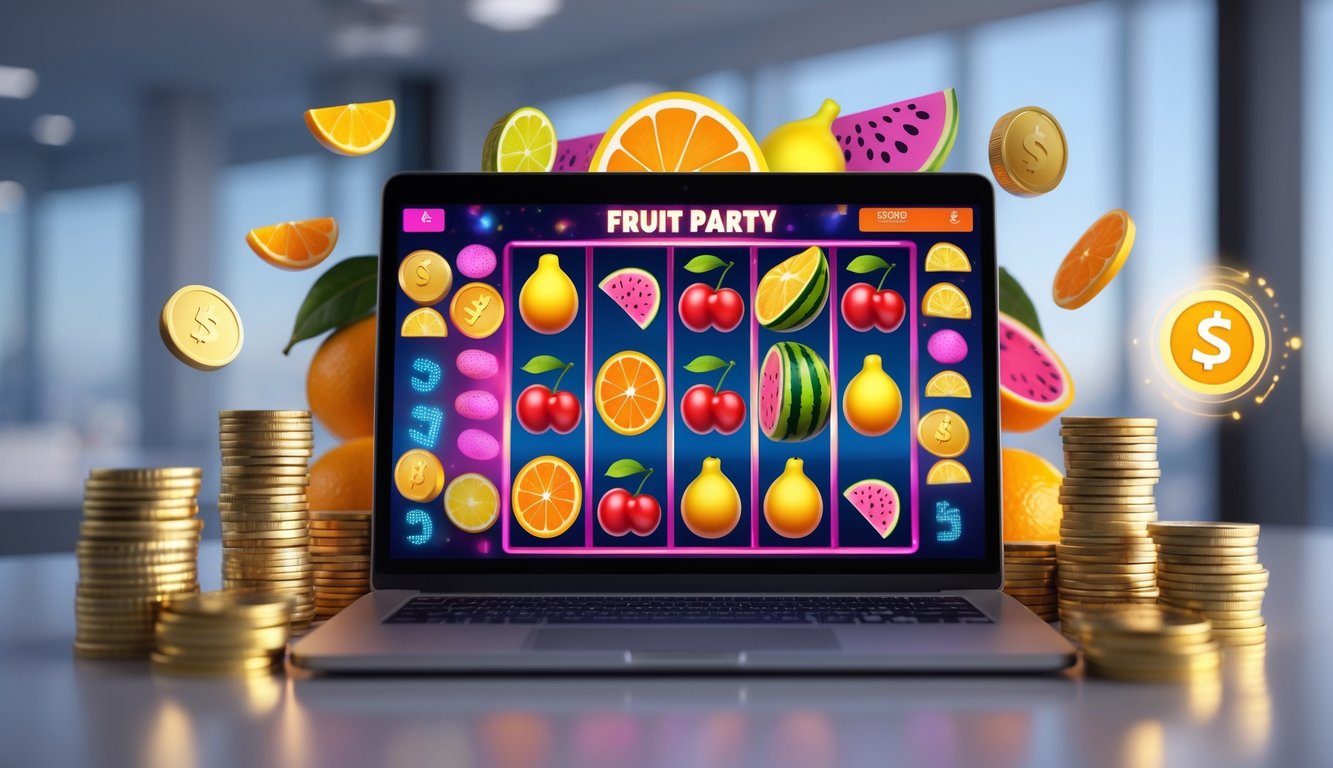 Layar komputer menampilkan permainan slot online dengan simbol buah berwarna-warni, dikelilingi tumpukan koin dan ikon jackpot yang menyala.
