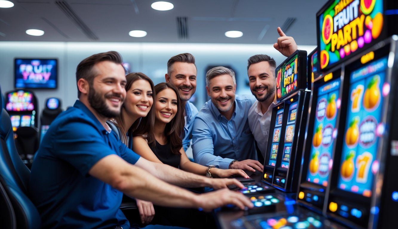 Beberapa orang dewasa sedang bermain mesin slot bertema buah di lingkungan gaming modern yang cerah dan profesional.