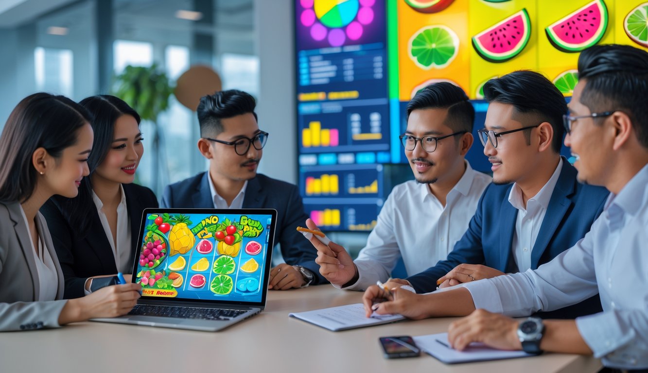 Sekelompok profesional Indonesia sedang berdiskusi di kantor modern dengan laptop yang menampilkan grafik permainan slot bertema buah-buahan.