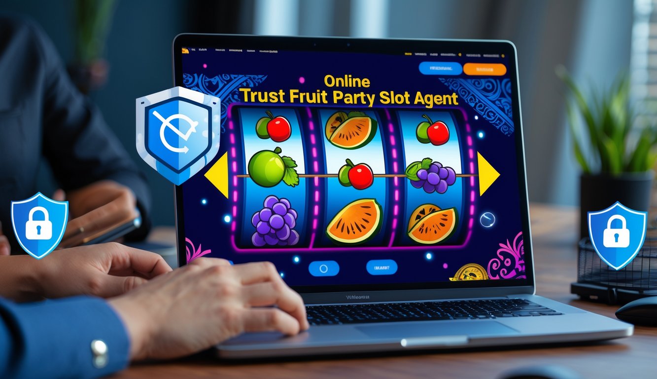 Seseorang menggunakan laptop yang menampilkan permainan slot buah dengan simbol buah-buahan, di meja kerja yang rapi dengan elemen yang menunjukkan keamanan dan kepercayaan.