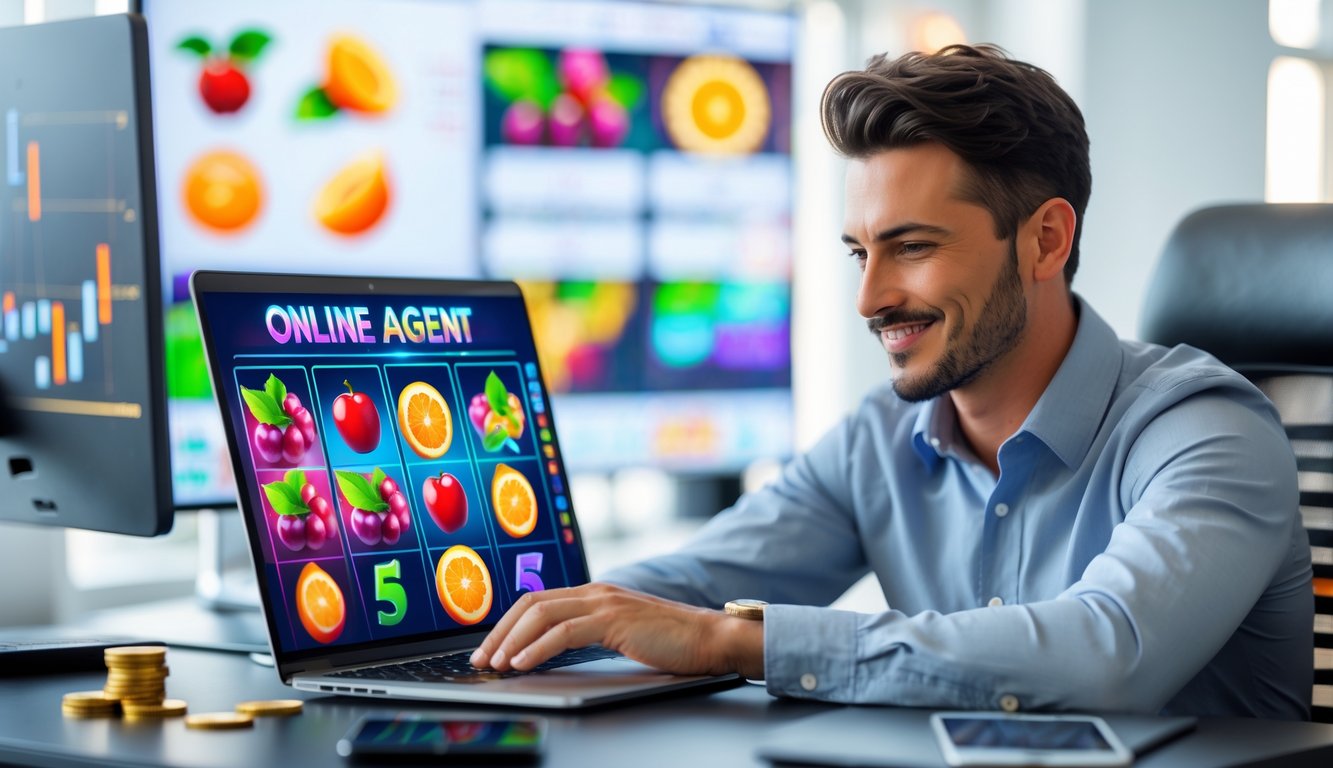 Seorang pria duduk di depan laptop dengan layar menampilkan permainan slot online bertema buah, di sebuah kantor modern yang terang.