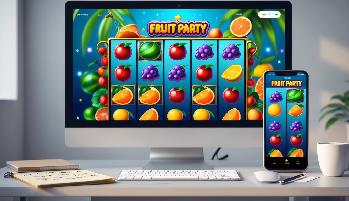 Sebuah komputer dan ponsel menampilkan permainan slot Fruit Party dengan simbol buah berwarna cerah di layar, di atas meja terdapat buku catatan dan cangkir kopi.