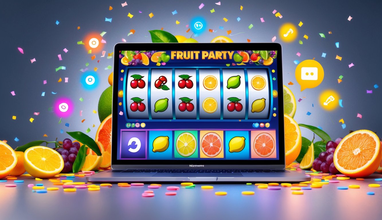 Layar komputer menampilkan mesin slot buah berwarna-warni dengan simbol buah dan ikon layanan pelanggan di sekitarnya.