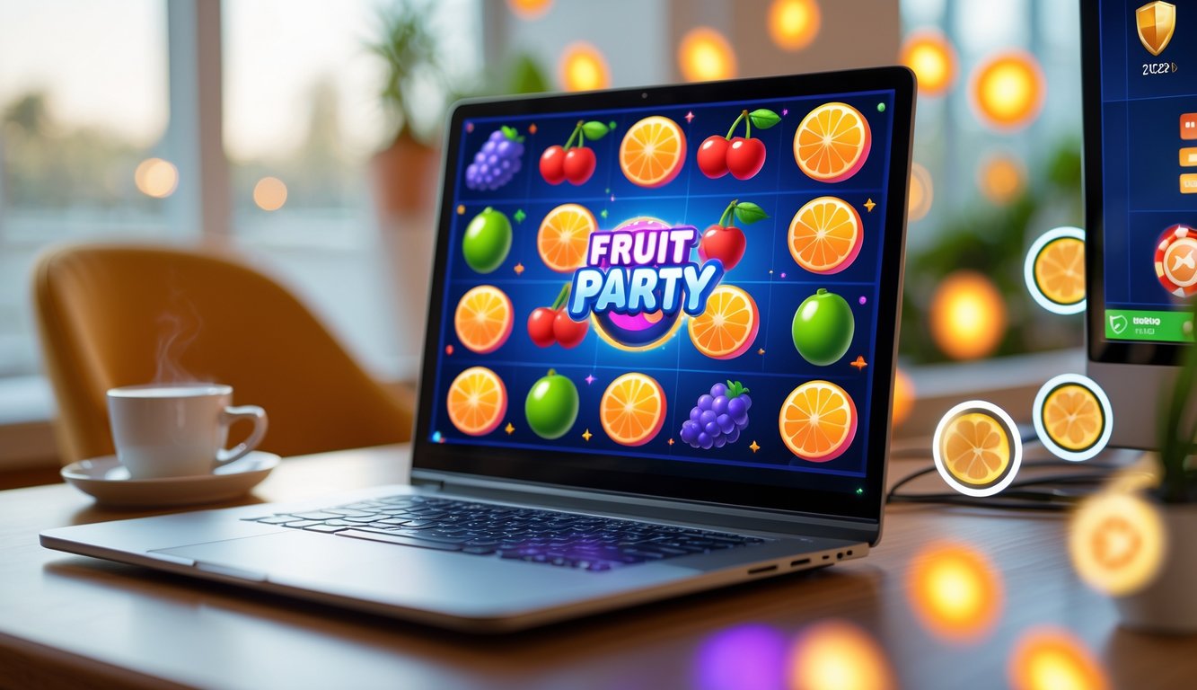Suasana ruang kerja modern dengan komputer menampilkan permainan slot bertema buah yang berwarna-warni dan elemen yang menunjukkan kepercayaan dan keamanan.