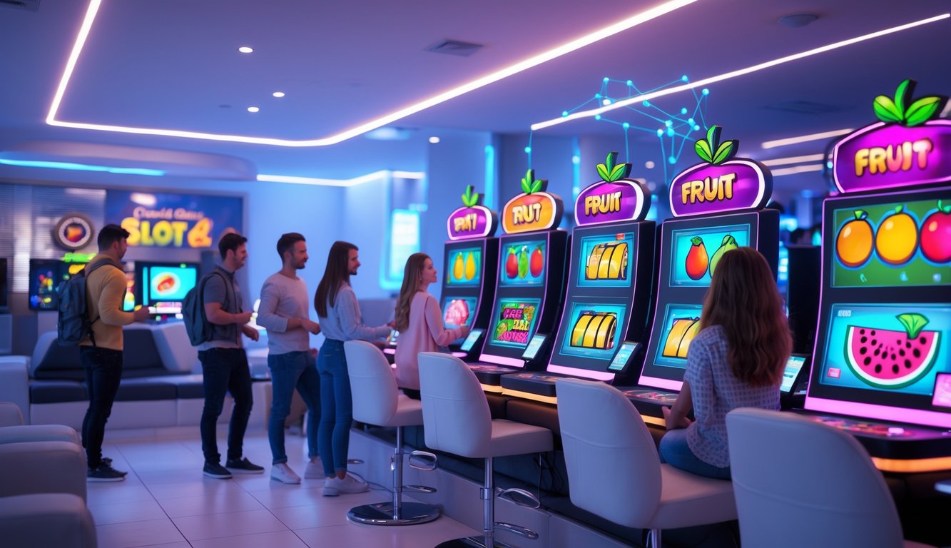 Beberapa orang muda sedang bermain mesin slot bertema buah di ruang permainan modern dengan perangkat digital.