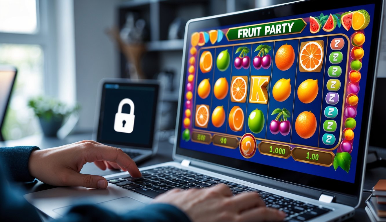 Seorang pengguna bermain permainan slot buah di komputer di ruang kerja yang rapi dan terang.