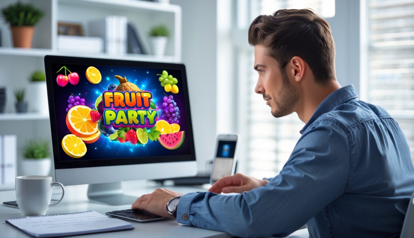Seorang pria muda duduk di meja dengan laptop yang menampilkan permainan slot bertema buah, terlihat fokus dan serius dalam suasana ruang kerja yang terang dan rapi.