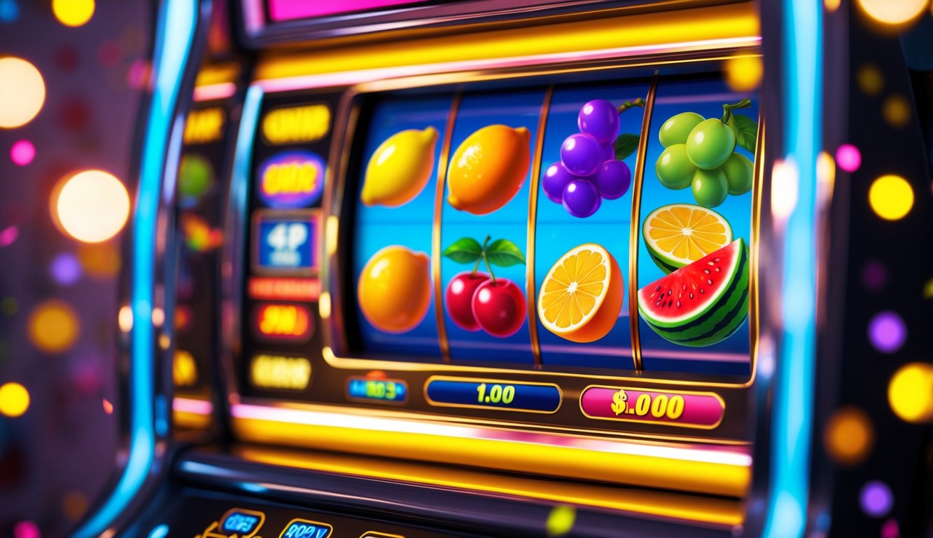 Mesin slot online dengan simbol buah berwarna-warni dan indikator jackpot progresif yang menyala.