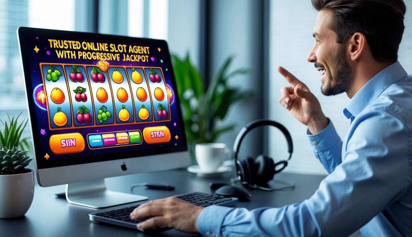 Seseorang sedang bermain permainan slot buah di komputer di ruang kerja yang rapi dan terang.