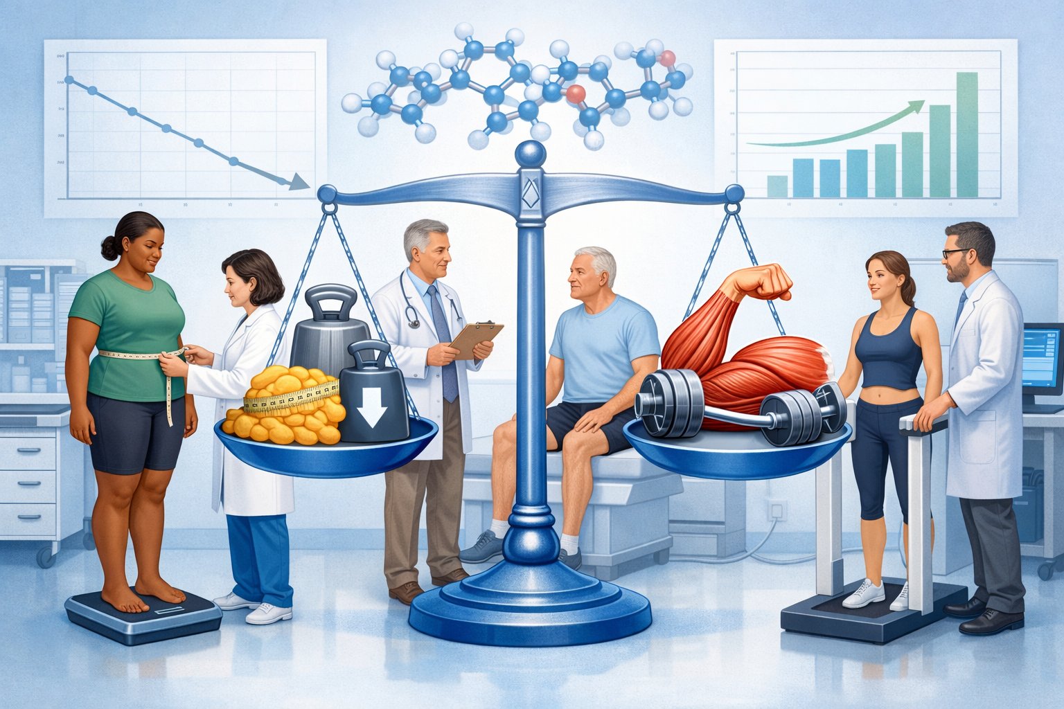 A clinical trial scene showing adults being evaluated for weight loss and muscle preservation with medical charts and molecular imagery in the background.