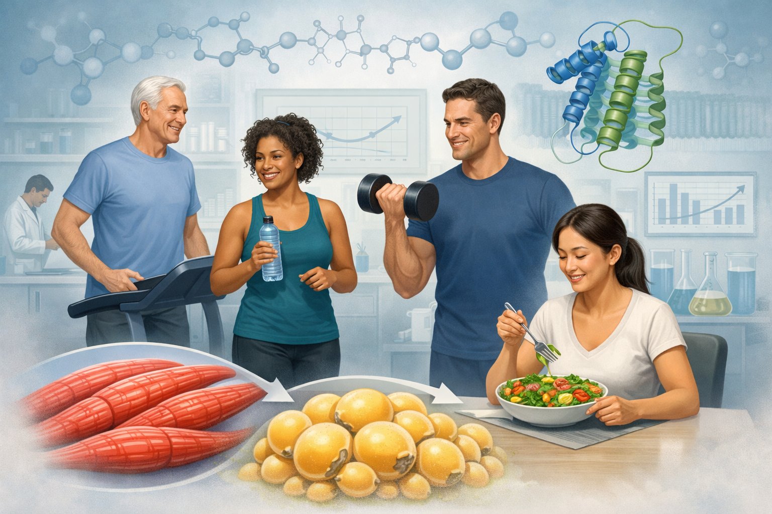 Illustration showing people exercising and healthy eating with scientific elements representing weight loss and muscle preservation in a clinical research setting.