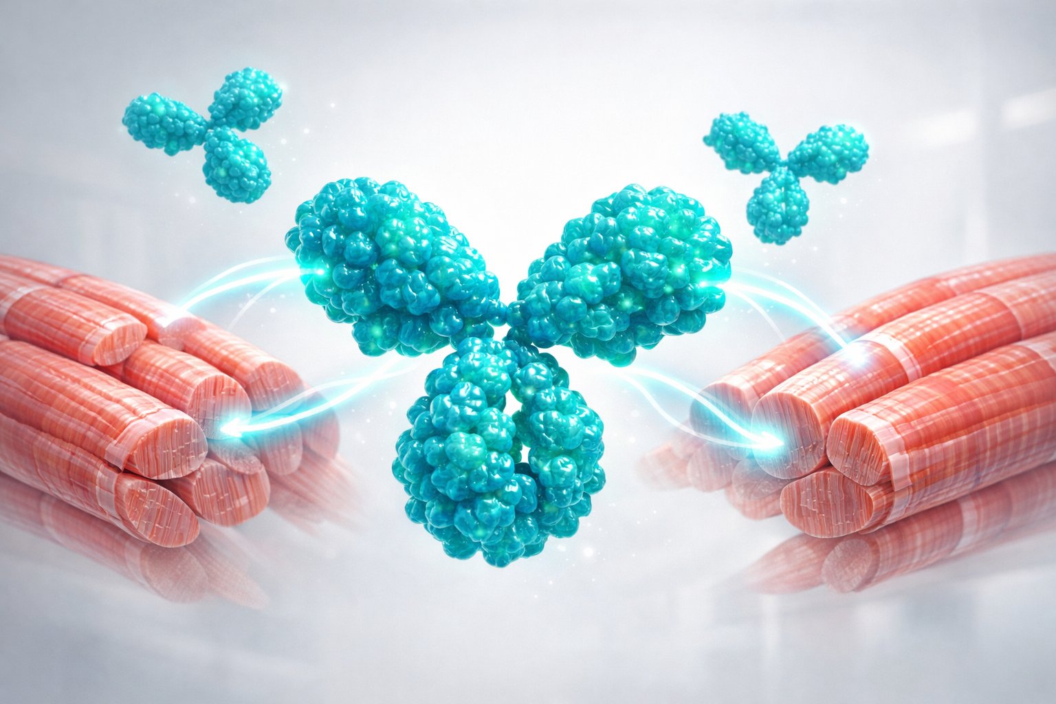 Illustration showing a molecular structure interacting with muscle fibers to represent muscle preservation research.